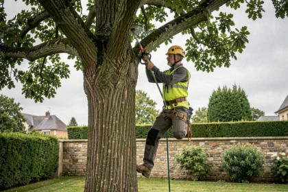 Élagueur professionnel en équipement de sécurité certifié taillant un grand chêne dans un jardin résidentiel