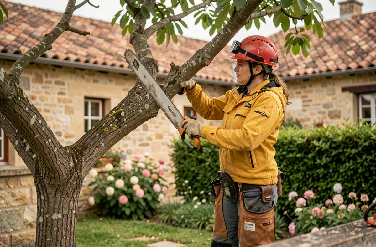 Élagueuse professionnelle utilisant une scie d'élagage sur un noyer dans un jardin de village en Dordogne, avec des murs en pierre calcaire en arrière-plan