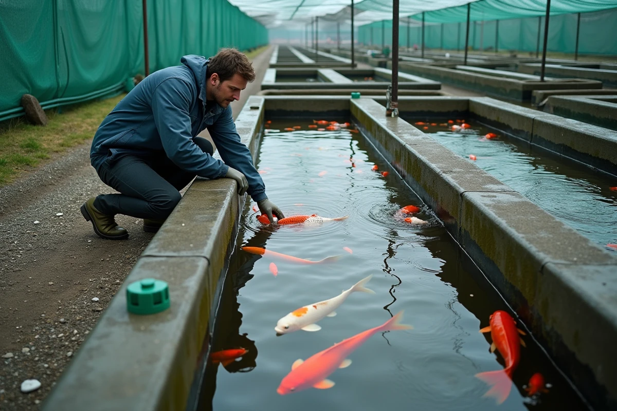 Élevage européen de carpes koï avec bassins en béton et technicien inspectant des poissons colorés dans une ferme aquacole commerciale