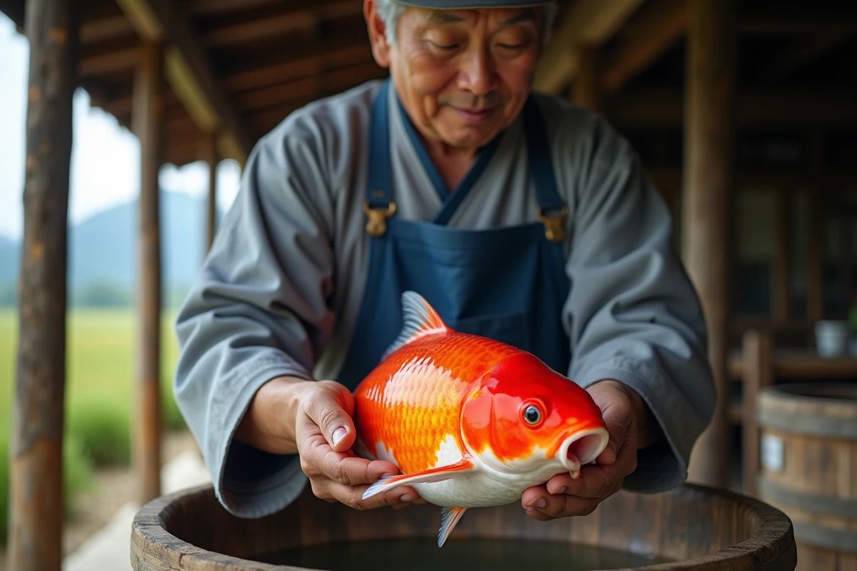 Éleveur japonais de carpes koï tenant une Kohaku premium au-dessus d'un bassin en bois dans une ferme traditionnelle de la préfecture de Niigata