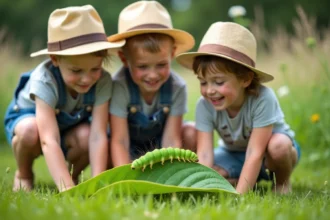 Trois enfants observant une chenille verte sur une feuille
