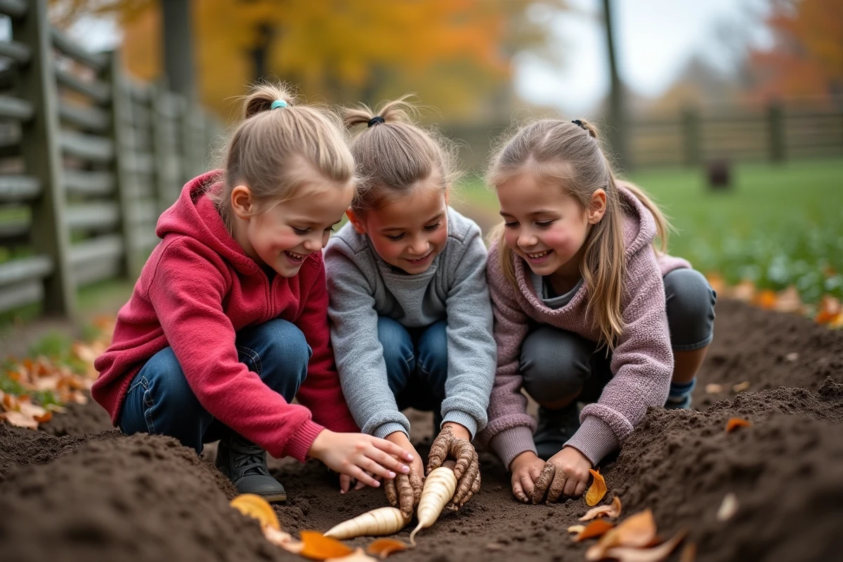 Enfants récoltant des panais dans un jardin automnal