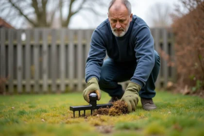 Homme en train de scarifier une pelouse envahie par la mousse au printemps avec un râteau scarificateur