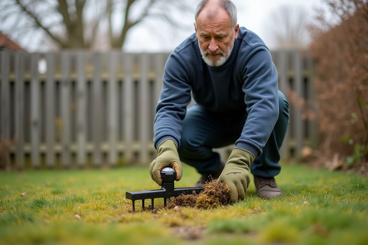 Homme en train de scarifier une pelouse envahie par la mousse au printemps avec un râteau scarificateur