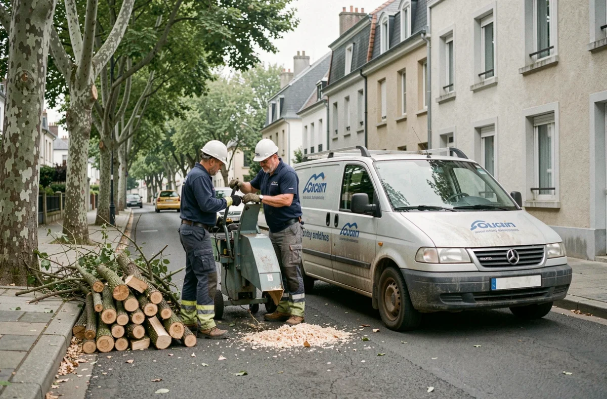 Équipe d'élagueurs professionnels avec broyeur de branches et camion d'entreprise dans une rue résidentielle