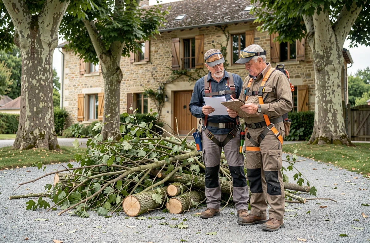 Deux élagueurs professionnels en équipement de protection complet consultant un devis devant un tas de branches coupées sur une propriété en pierre typique de la Dordogne