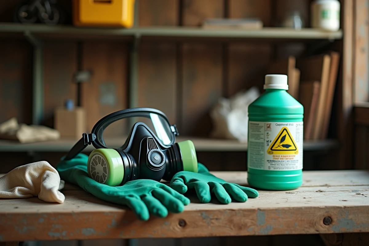 Vue rapprochée des équipements de protection individuelle posés sur un établi avant l'utilisation d'un désherbant radical : gants, masque respiratoire, lunettes et surbottes