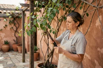 Jardinière inspectant un bougainvillier peu fleuri contre un mur en terre cuite dans une cour méditerranéenne