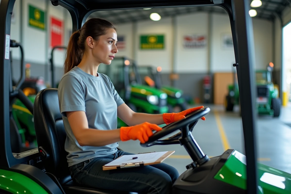 Femme évaluant les commandes d'une débroussailleuse autoportée dans un showroom de matériel agricole