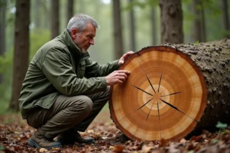 Expert forestier examinant les anneaux de croissance d'un tronc de chêne coupé en forêt gérée
