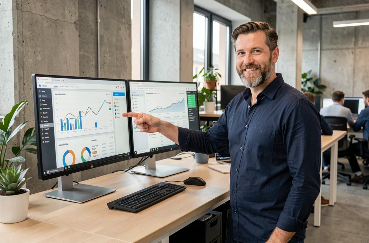 Expert en référencement naturel analysant des données Google Search Console sur deux écrans dans un bureau professionnel moderne