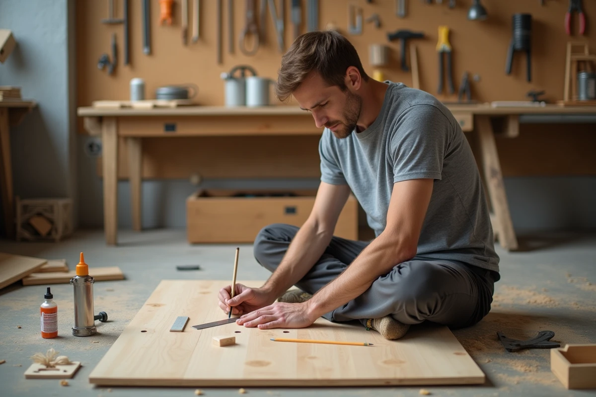 Homme mesurant des panneaux de contreplaqué léger pour fabriquer une jardinière de balcon en atelier DIY