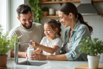 Famille souriante dans une cuisine écologique moderne