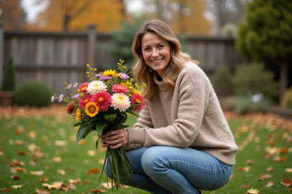 Femme en jardin automnal arrangeant des fleurs