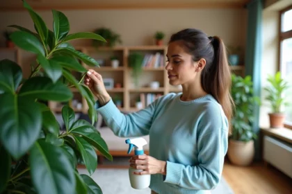 Femme arrosant un ficus dans un salon lumineux