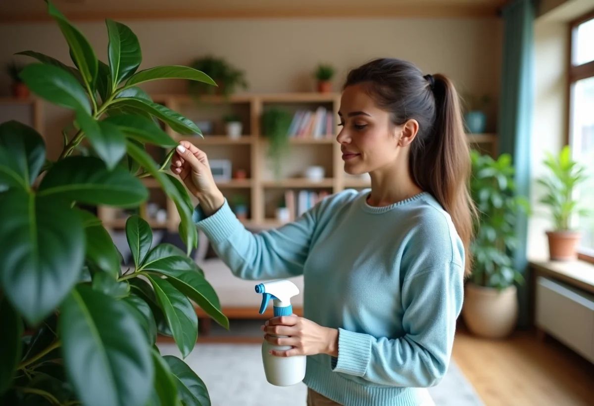 Femme arrosant un ficus dans un salon lumineux