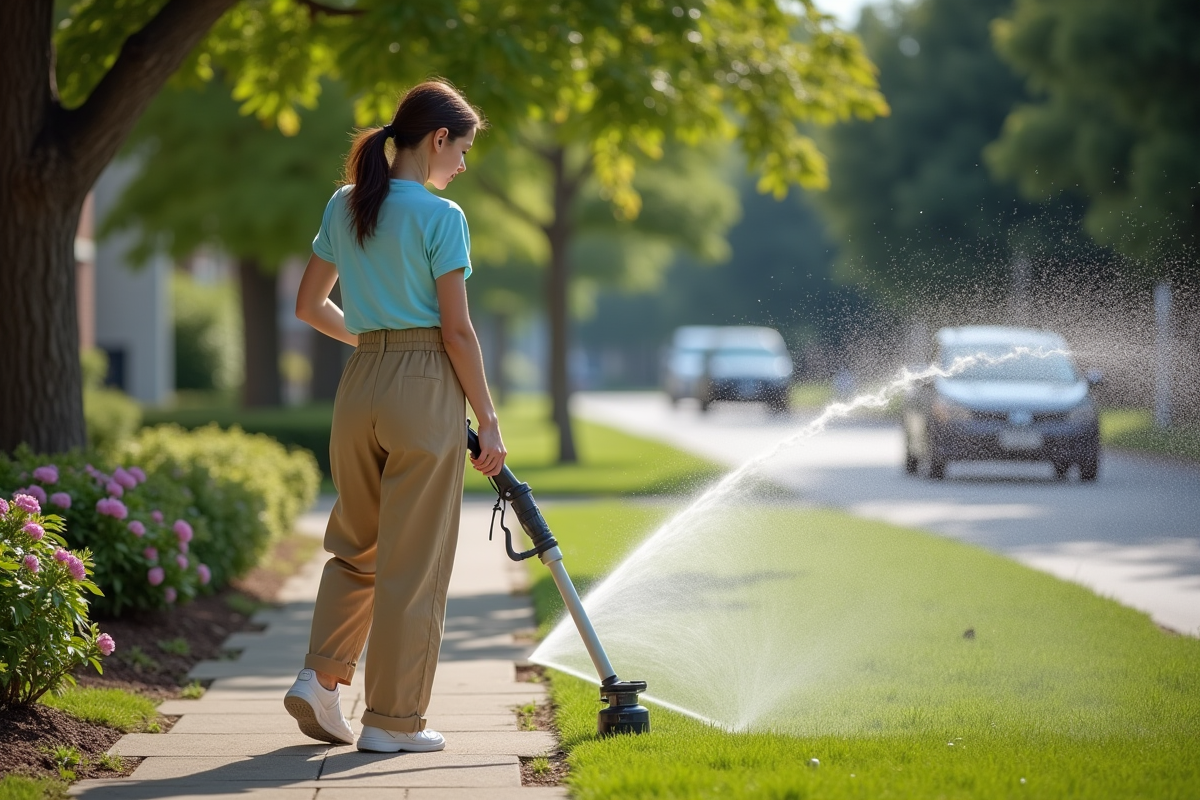 Jeune femme utilisant un arroseur sur la pelouse avant