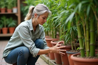 Femme examinant des bambous en pot dans un jardin