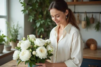 Femme arrangeant un bouquet de fleurs blanches — pivoines et roses — sur une table en bois rustique dans une cuisine lumineuse