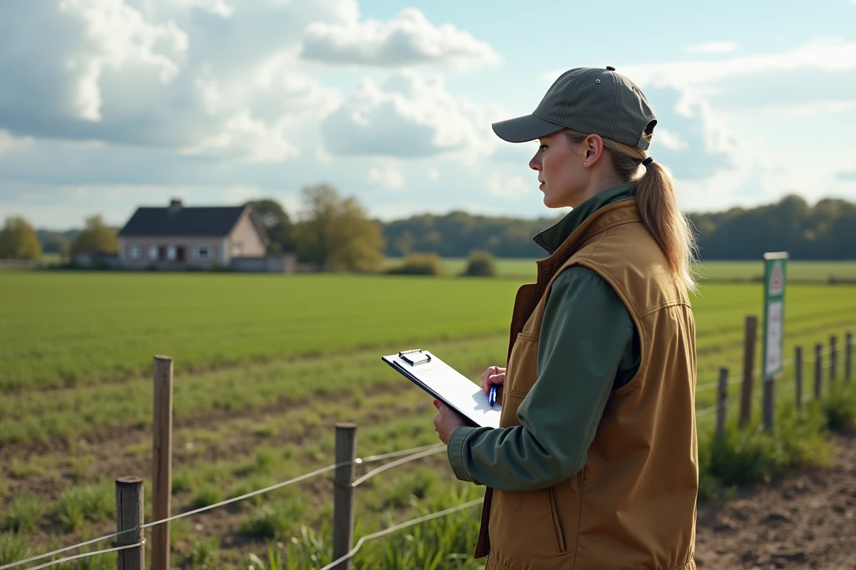 Jeune femme observe un champ avec clôture et ferme en arrière-plan