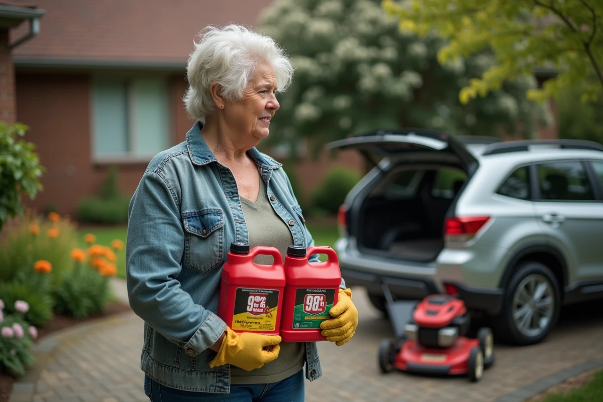 Femme âgée tenant deux bouteilles de carburant devant la tondeuse