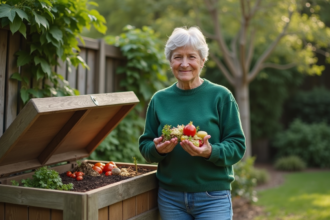 Femme en extérieur avec composteur et légumes