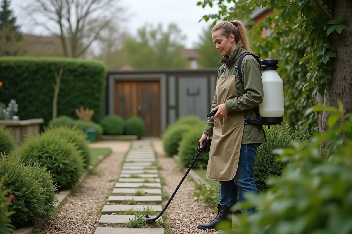 Femme en train de désherber une allée pavée dans un jardin résidentiel avec un pulvérisateur à pompe, illustration de l'utilisation de solutions de désherbage alternatives
