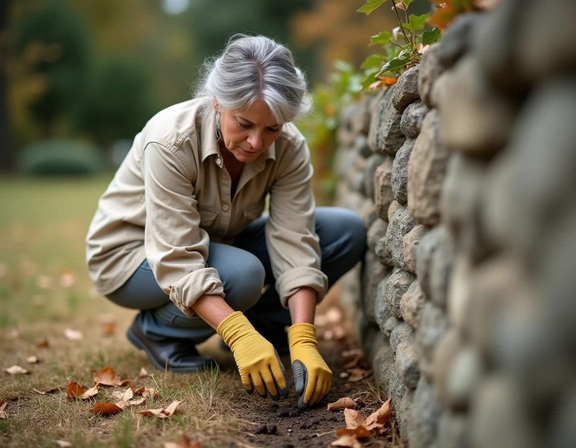Femme examinant des crottes de rongeurs près d'un mur de pierre dans un jardin de la vallée de la Loire