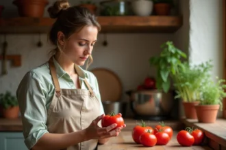 Femme examinant une tomate rouge avec des taches noires dans une cuisine rustique