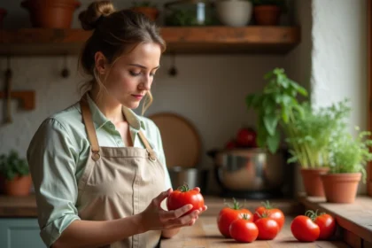 Femme examinant une tomate rouge avec des taches noires dans une cuisine rustique