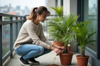 Femme en jeans et pull léger fertilisant un palmier sur balcon