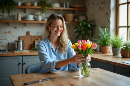 Femme arrangeant un bouquet de fleurs dans la cuisine