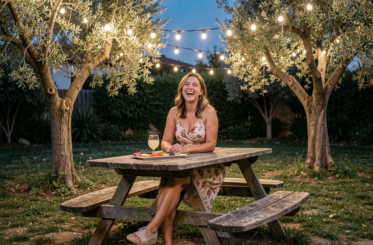 Femme souriante sous une guirlande lumineuse solaire extérieure tendue entre deux oliviers dans un jardin de guinguette