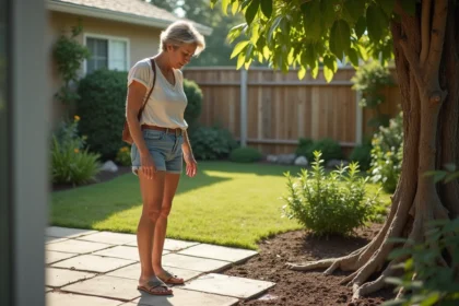 Femme inquiète examine le patio endommagé par racines de figuier