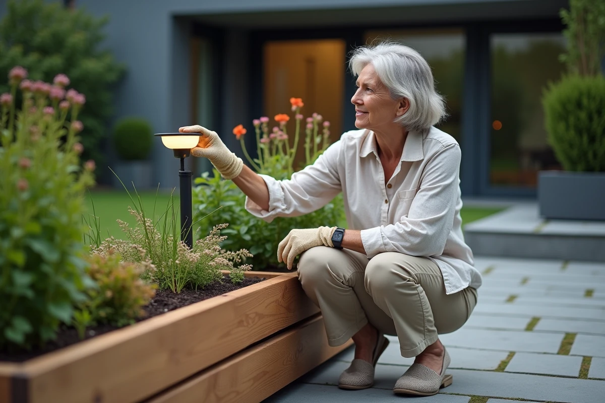 Femme installant un spot solaire LED dans un jardin avec terrasse en pierre et facade moderne en arrière-plan