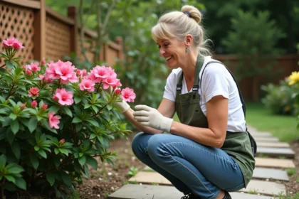 Femme en jardinage inspectant une azalée en fleurs