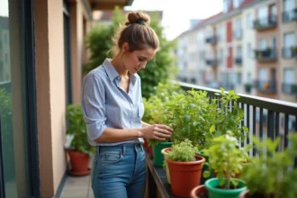 Femme en jeans et chemise à rayures cultivant des herbes sur un balcon urbain
