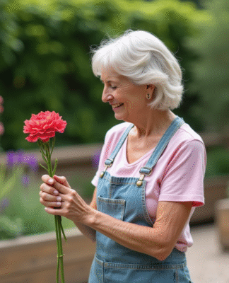 Femme jardinant tenant œillet et dianthus avec sourire naturel
