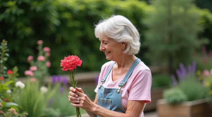 Femme jardinant tenant œillet et dianthus avec sourire naturel