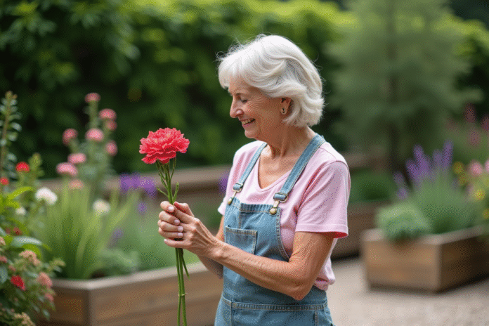 femme-jardin-carnations Femme jardinant tenant œillet et dianthus avec sourire naturel