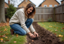 Femme en sweater et jeans plantant des crocus dans le sol