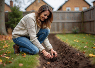 Planter des bulbes de crocus : le meilleur mois pour une floraison éclatante ! Femme en sweater et jeans plantant des crocus dans le sol