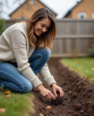 Femme en sweater et jeans plantant des crocus dans le sol