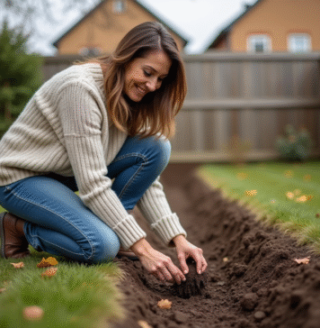 Planter des bulbes de crocus : le meilleur mois pour une floraison éclatante ! Femme en sweater et jeans plantant des crocus dans le sol