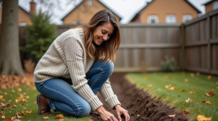 Femme en sweater et jeans plantant des crocus dans le sol
