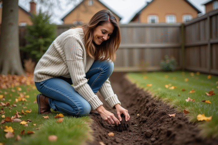 Femme en sweater et jeans plantant des crocus dans le sol