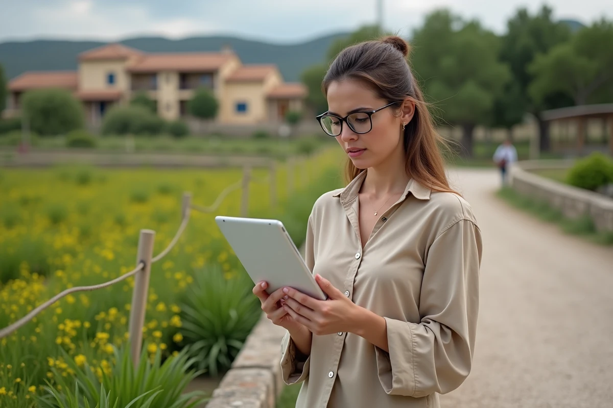 Jeune femme dans un jardin rural lisant avec une tablette