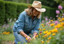 Plantes attractives pour les pollinisateurs : comment les choisir et les cultiver ? Femme en chemise en denim et chapeau de paille dans un jardin