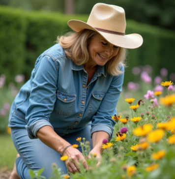 Plantes attractives pour les pollinisateurs : comment les choisir et les cultiver ? Femme en chemise en denim et chapeau de paille dans un jardin