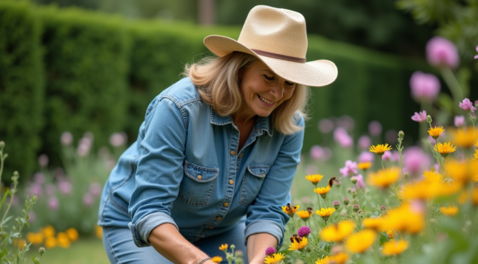 Femme en chemise en denim et chapeau de paille dans un jardin